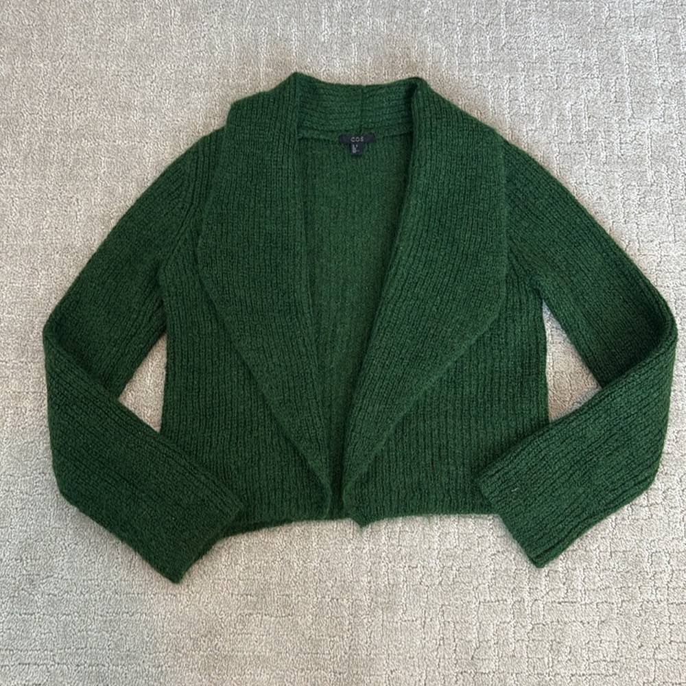COS Wool Blend Open Sweater Cardigan Green cowl neck shawl long sleeve